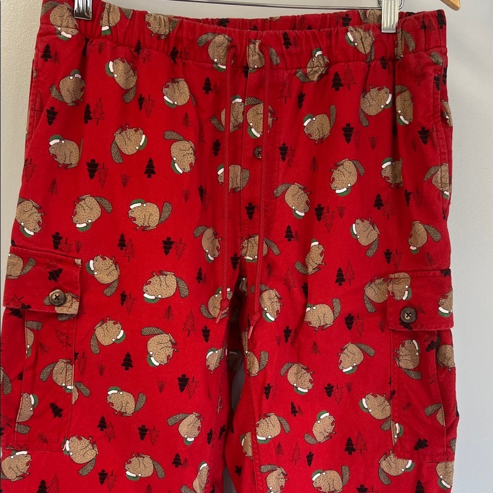Men’s Red Bear Print Cargo Pajama Pants Sz M